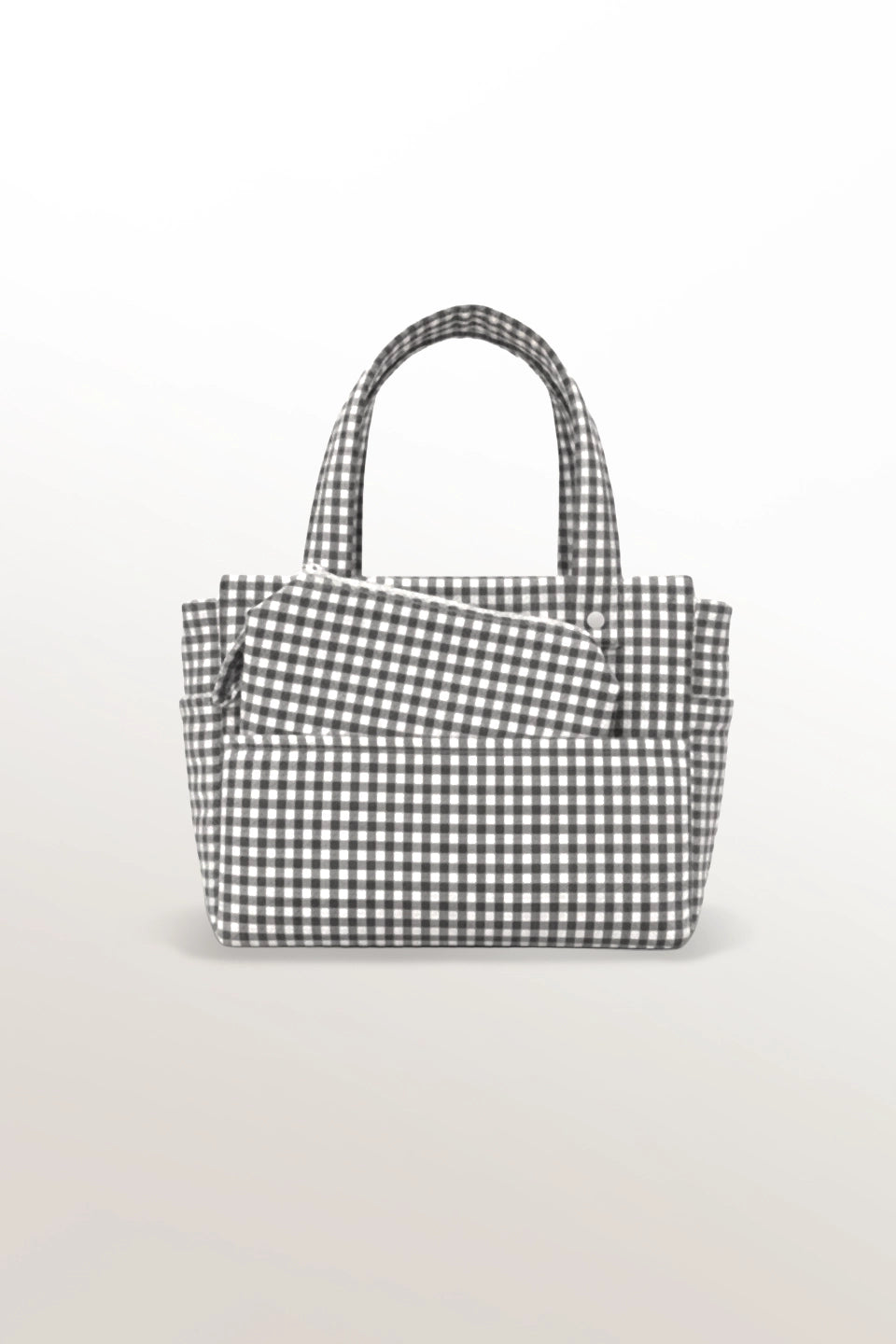 Bolso/organizador de cochecito en vichy blanco y gris