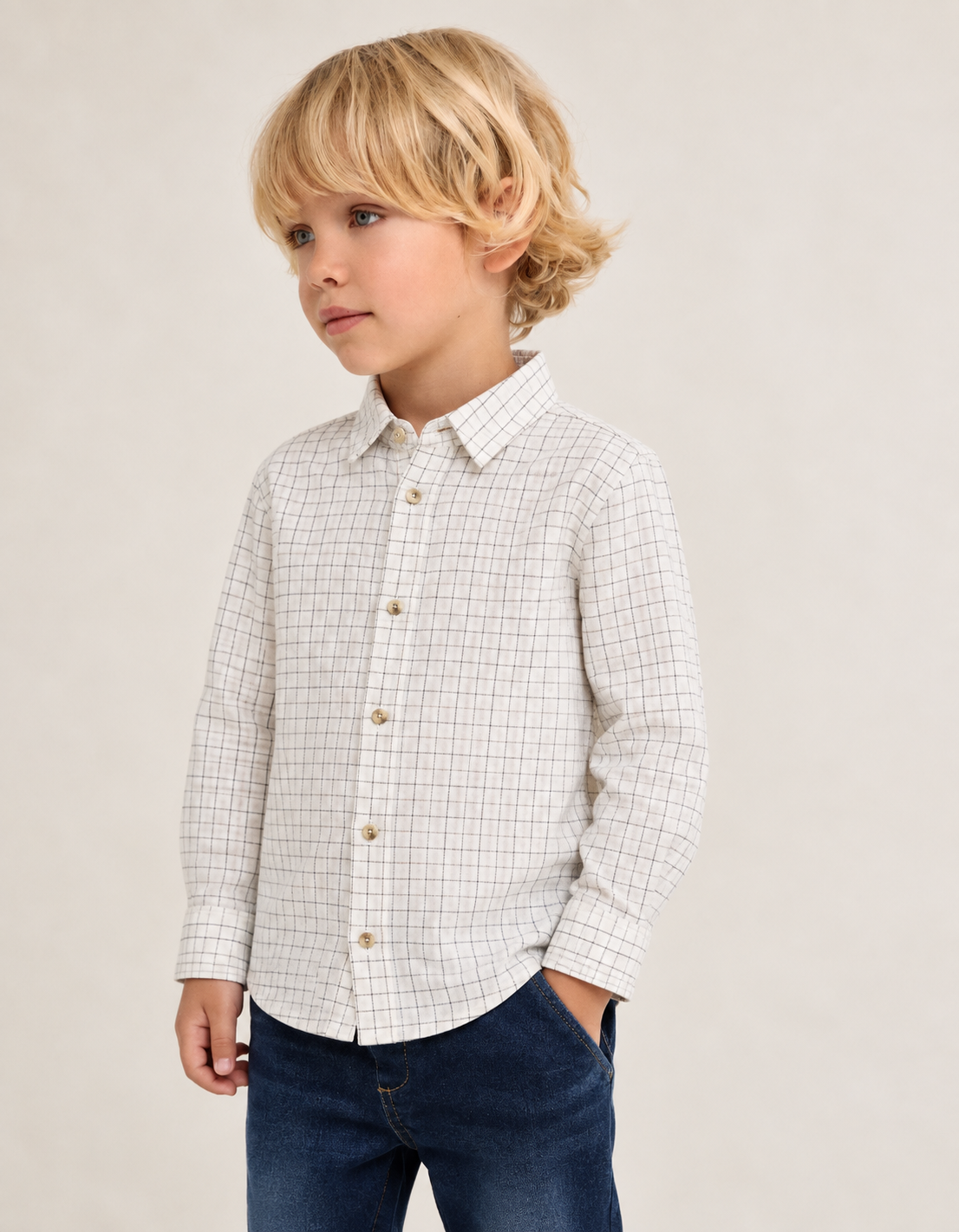 Camisa manga larga vichy beige claro niño