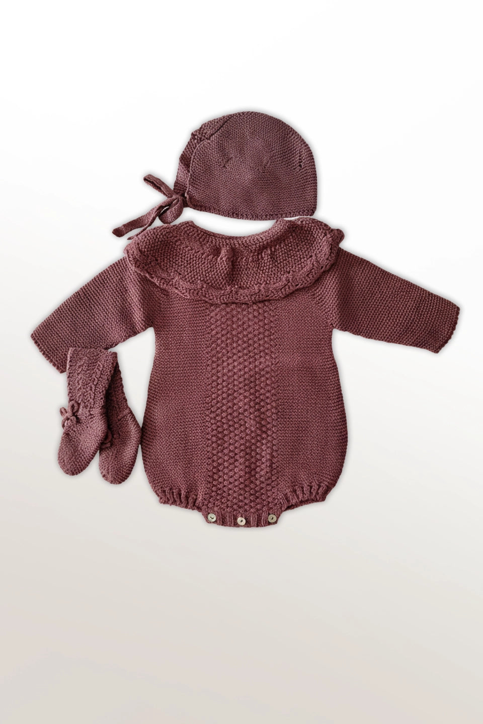 Conjunto pelele, capota, patucos rosa viejo/malva empolvado