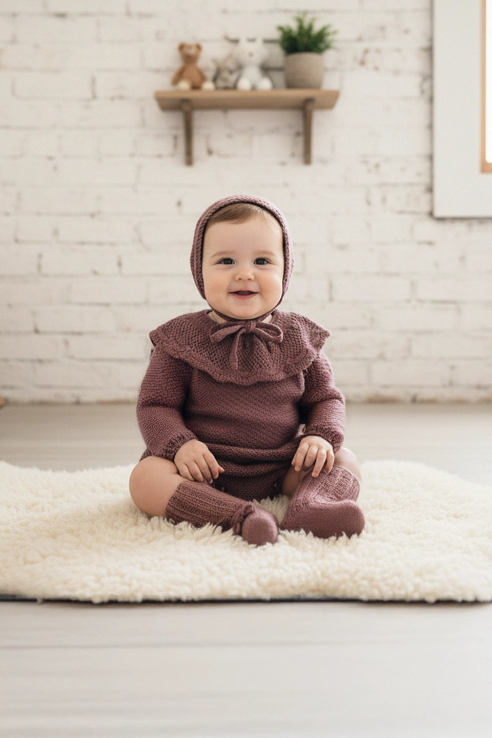 Conjunto pelele, capota, patucos rosa viejo/malva empolvado