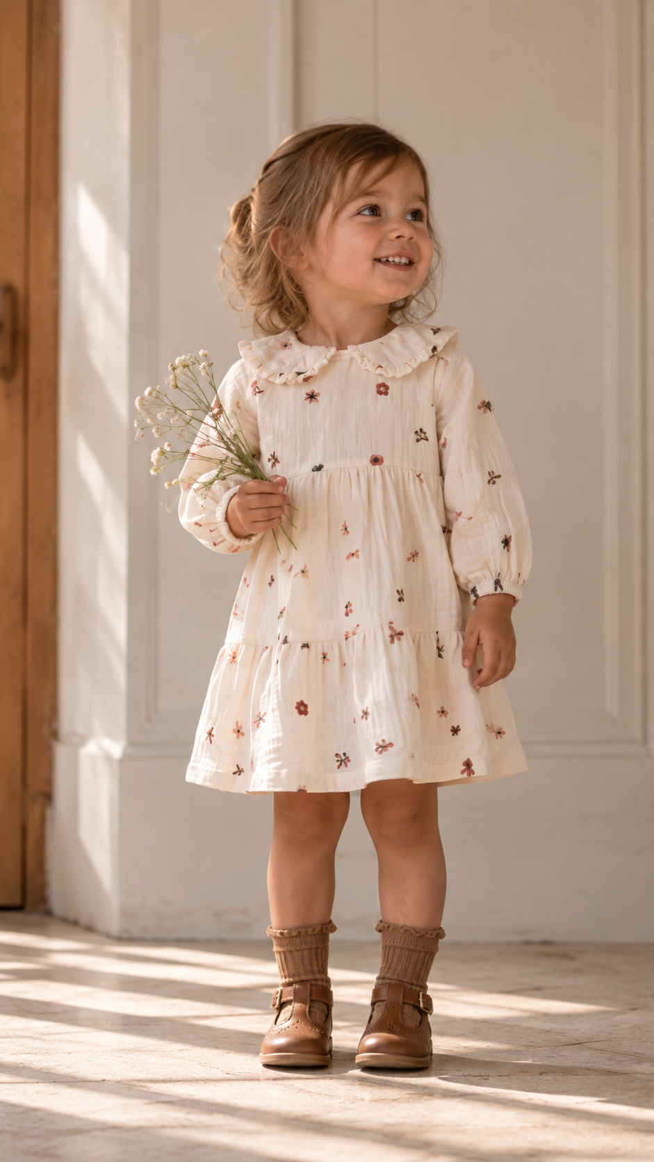 Vestido algodón manga larga blanco bebé niña